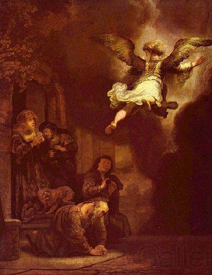 REMBRANDT Harmenszoon van Rijn The angel Raphael leaving the family of Tobit. France oil painting art